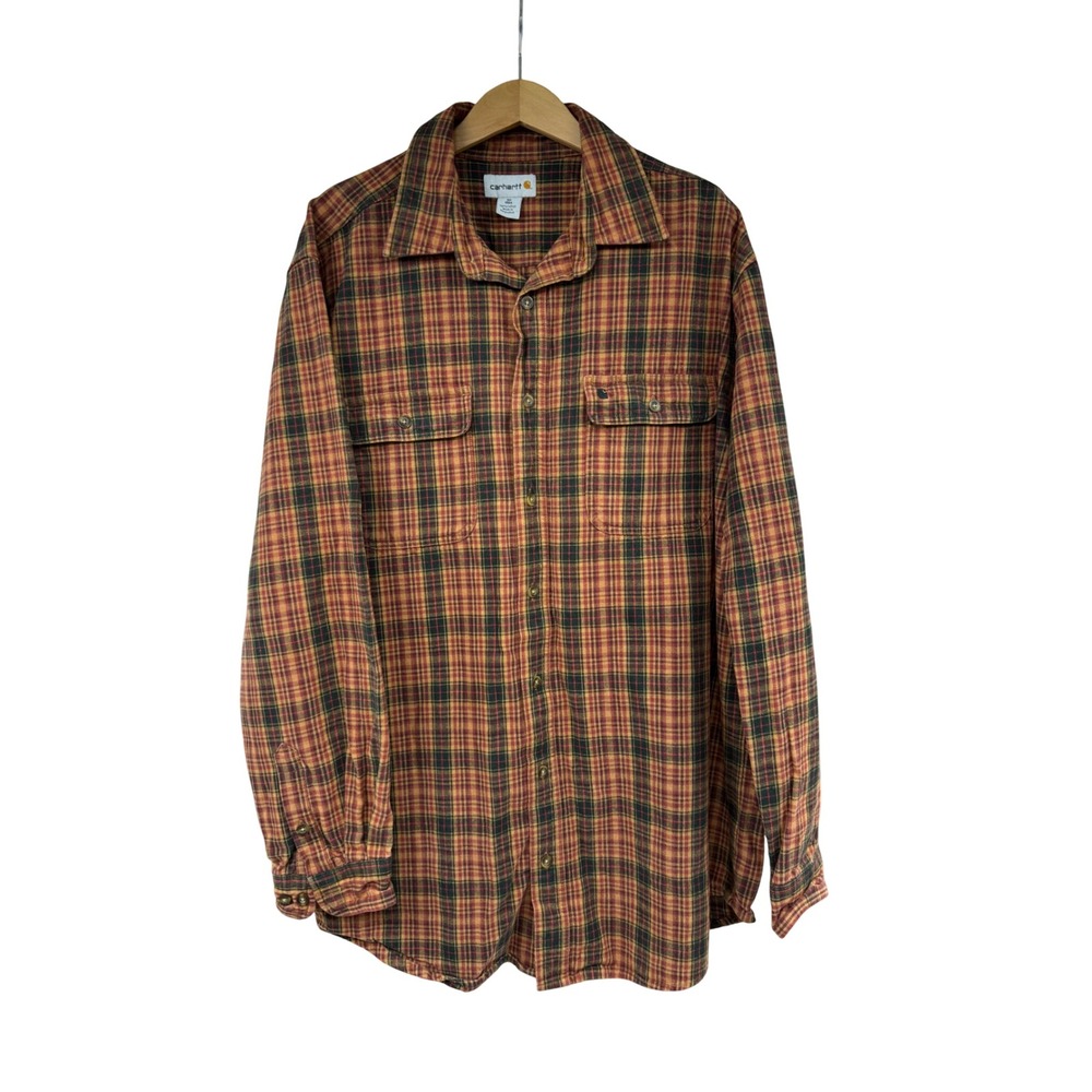 Carhartt Mens XL Tall Plaid Flannel Button Down Shirt Orange Brown Cotton